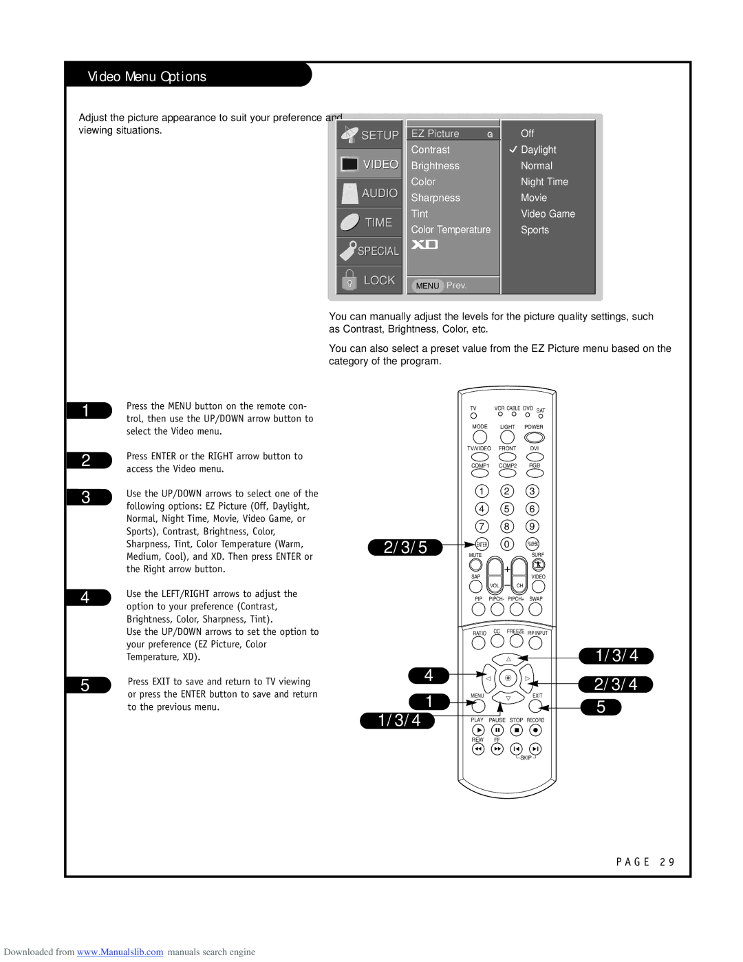 LG Electronics RU-52SZ53D owner manual Video Menu Options, Contrast Brightness Color Sharpness Tint Color Temperature 