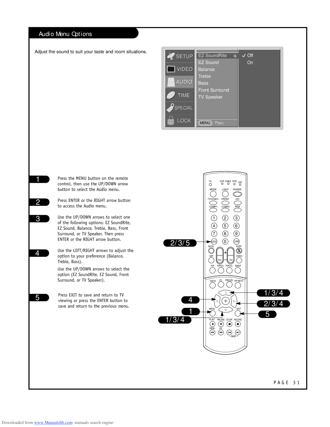 LG Electronics RU-52SZ53D owner manual Audio Menu Options, EZ Sound Balance Treble Bass Front Surround TV Speaker 