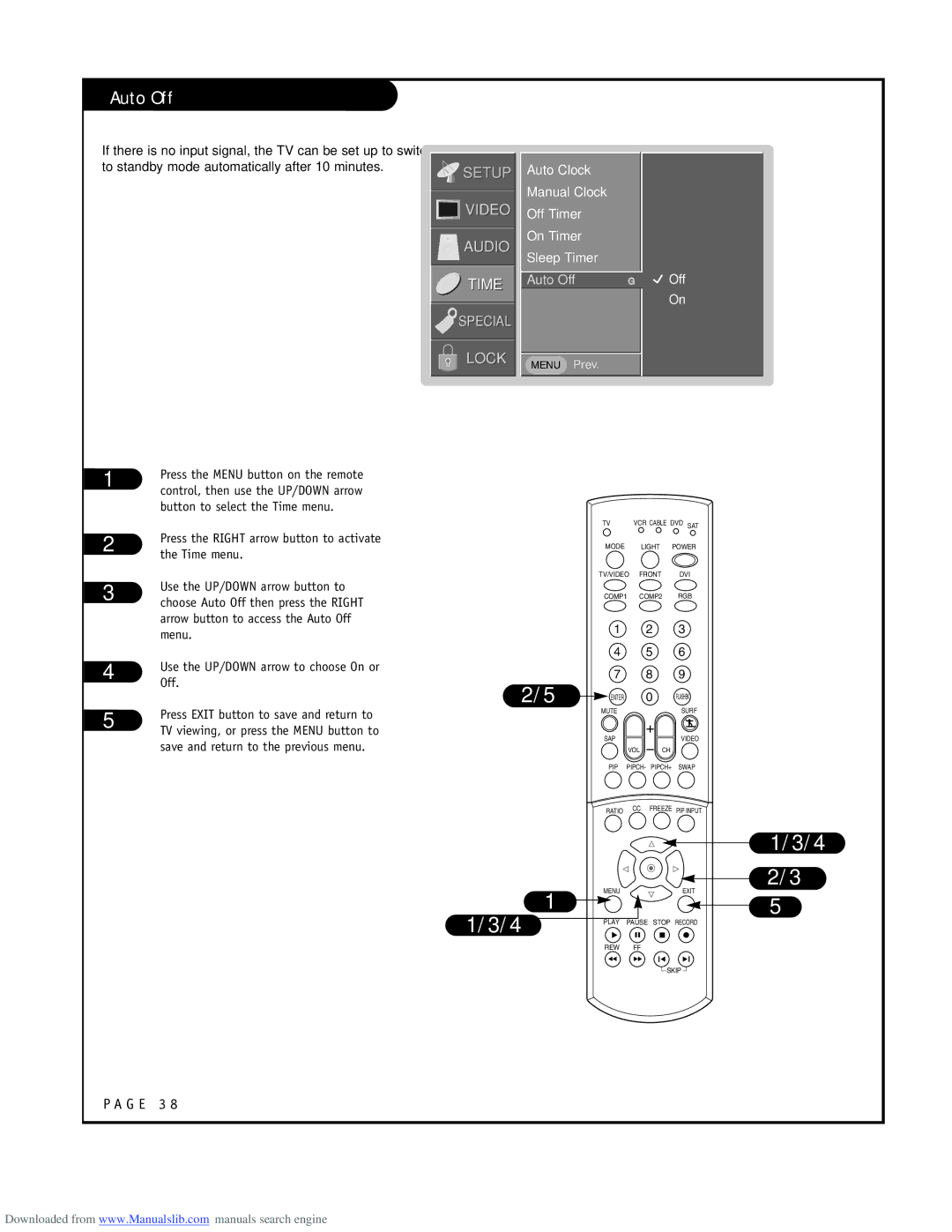 LG Electronics RU-52SZ53D owner manual Auto Off, Auto Clock Manual Clock Off Timer On Timer Sleep Timer 