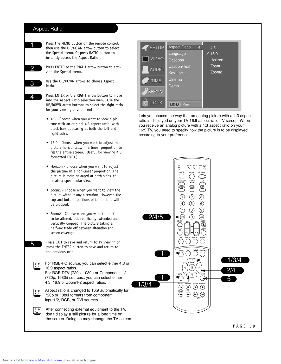 LG Electronics RU-52SZ53D Aspect Ratio, Language Captions Caption/Text Key Lock Cinema Demo, Horizon Zoom1 Zoom2 