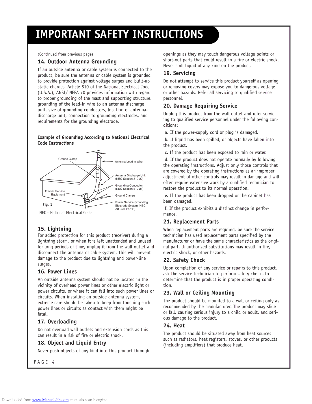 LG Electronics RU-52SZ53D owner manual From previous, NEC National Electrical Code 