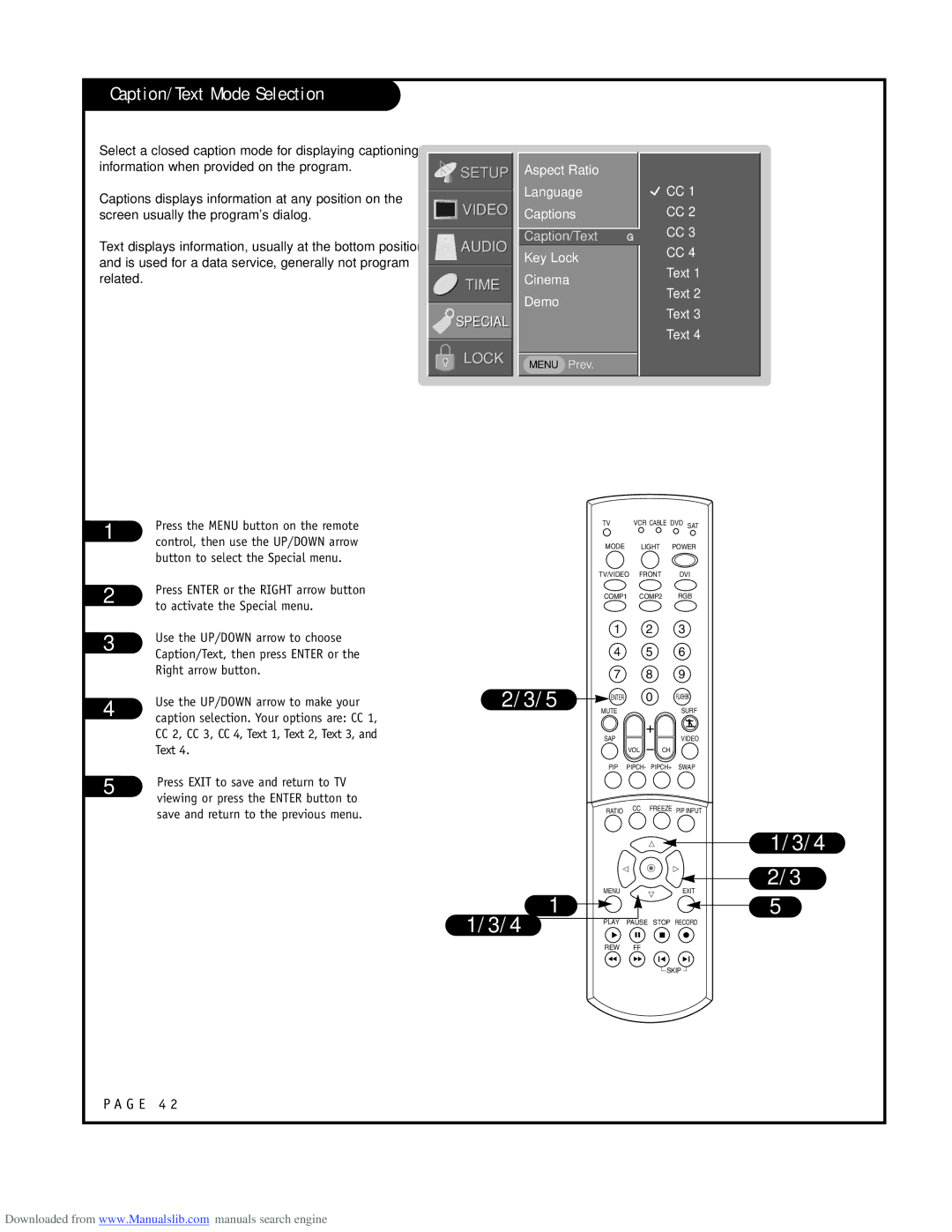 LG Electronics RU-52SZ53D owner manual Caption/Text Mode Selection, Aspect Ratio Language Captions, Key Lock Cinema Demo 