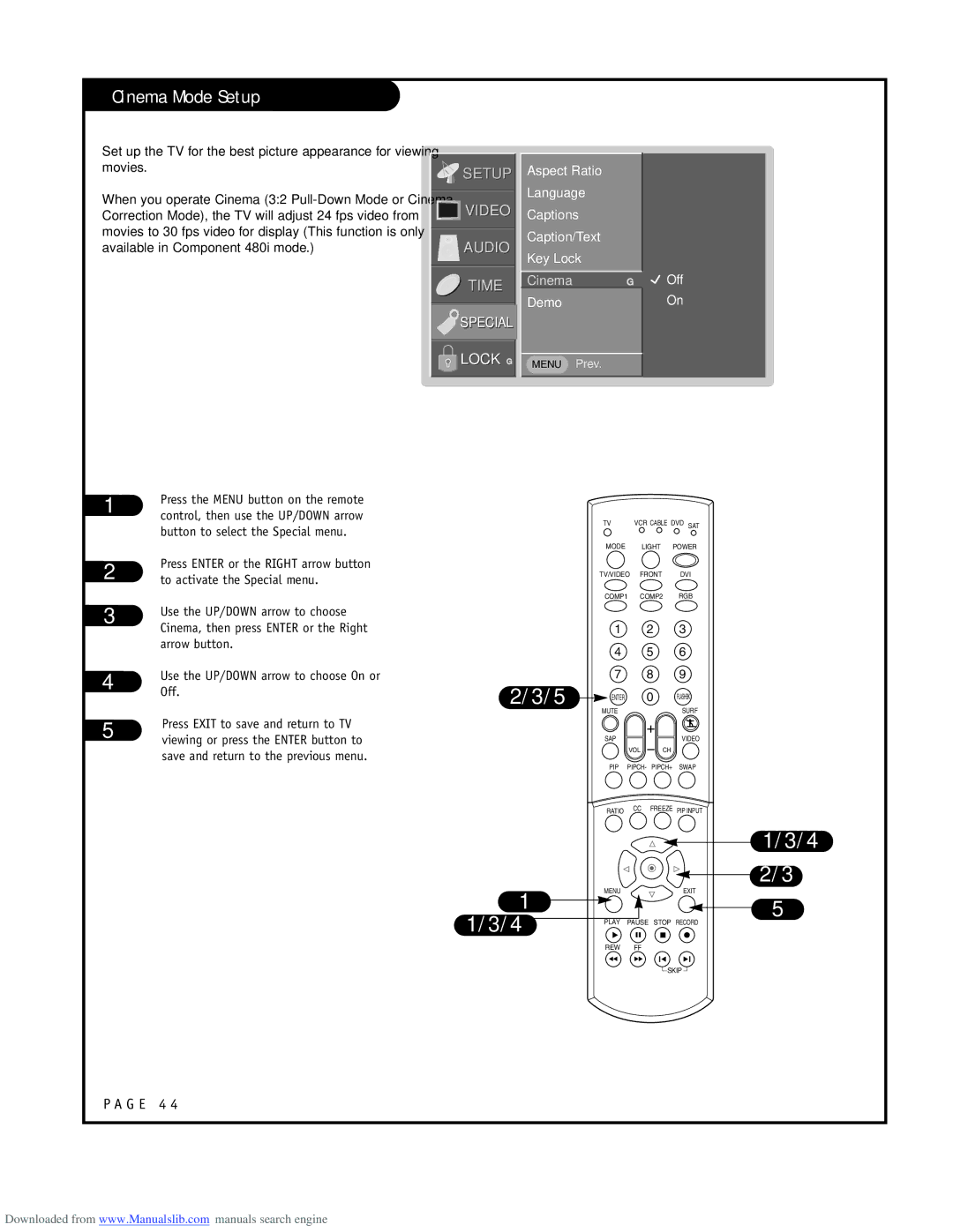 LG Electronics RU-52SZ53D owner manual Cinema Mode Setup, Aspect Ratio Language Captions Caption/Text Key Lock 