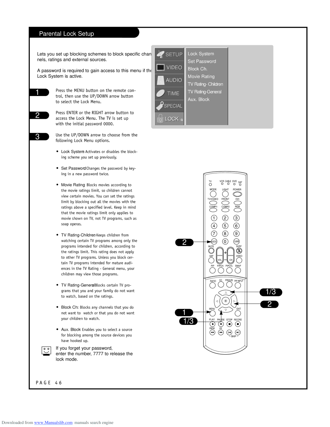 LG Electronics RU-52SZ53D Parental Lock Setup, Trol, then use the UP/DOWN arrow button, To select the Lock Menu 