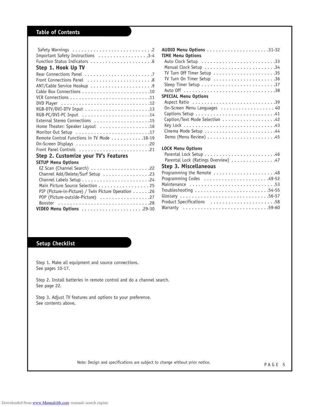 LG Electronics RU-52SZ53D owner manual Table of Contents, Setup Checklist 