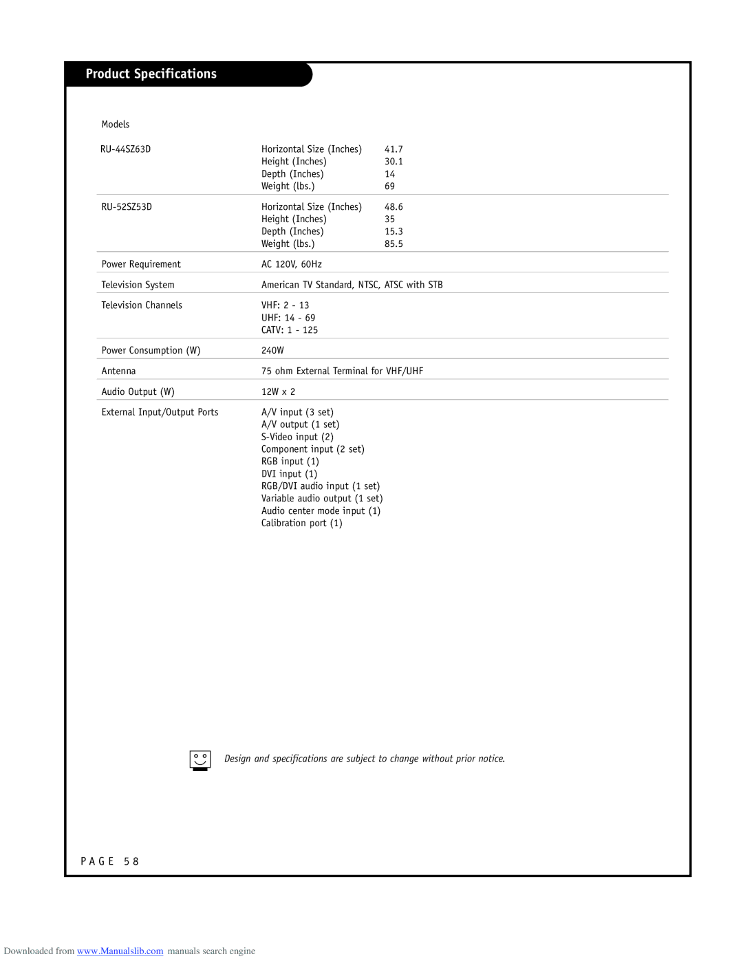 LG Electronics RU-52SZ53D owner manual Product Specifications 