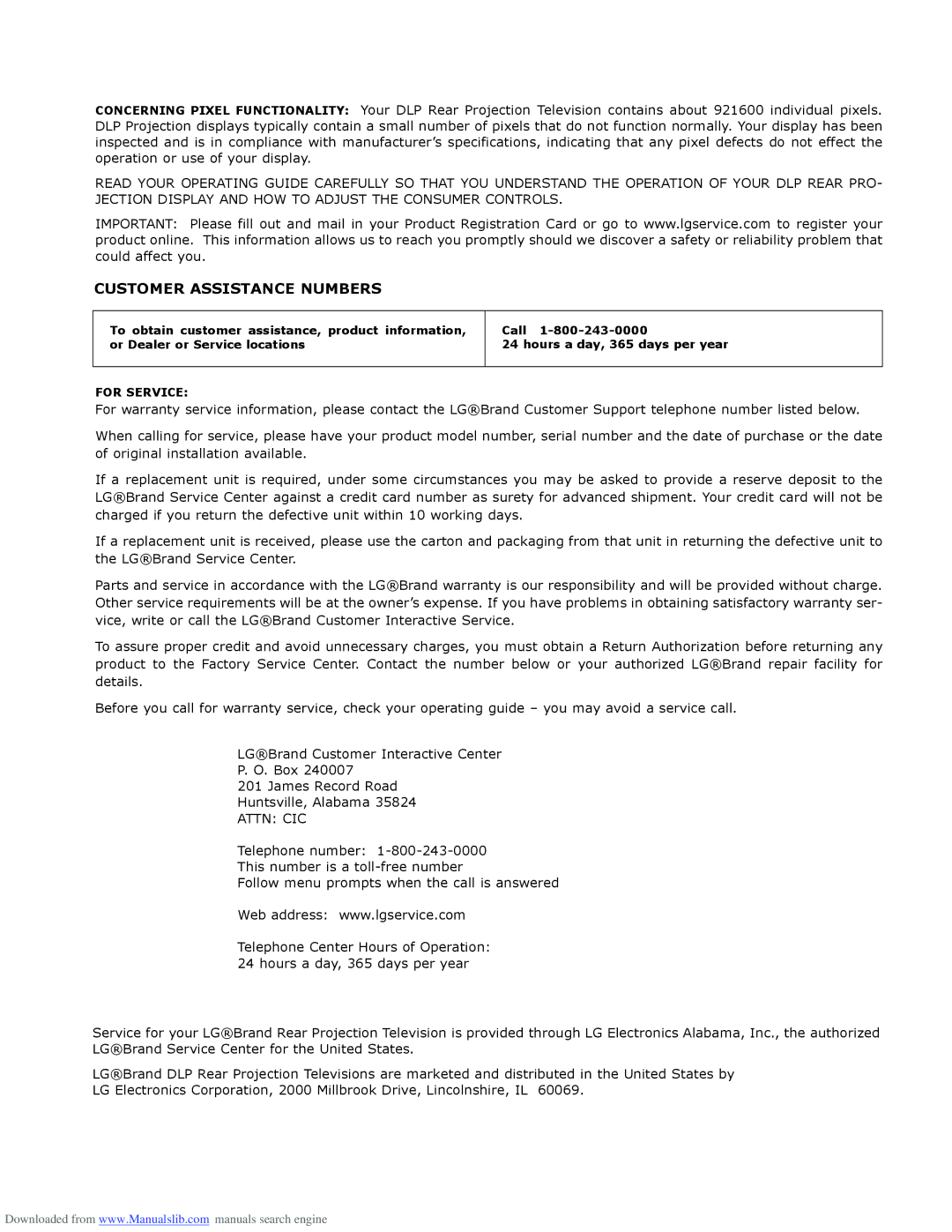 LG Electronics RU-52SZ53D owner manual Customer Assistance Numbers 