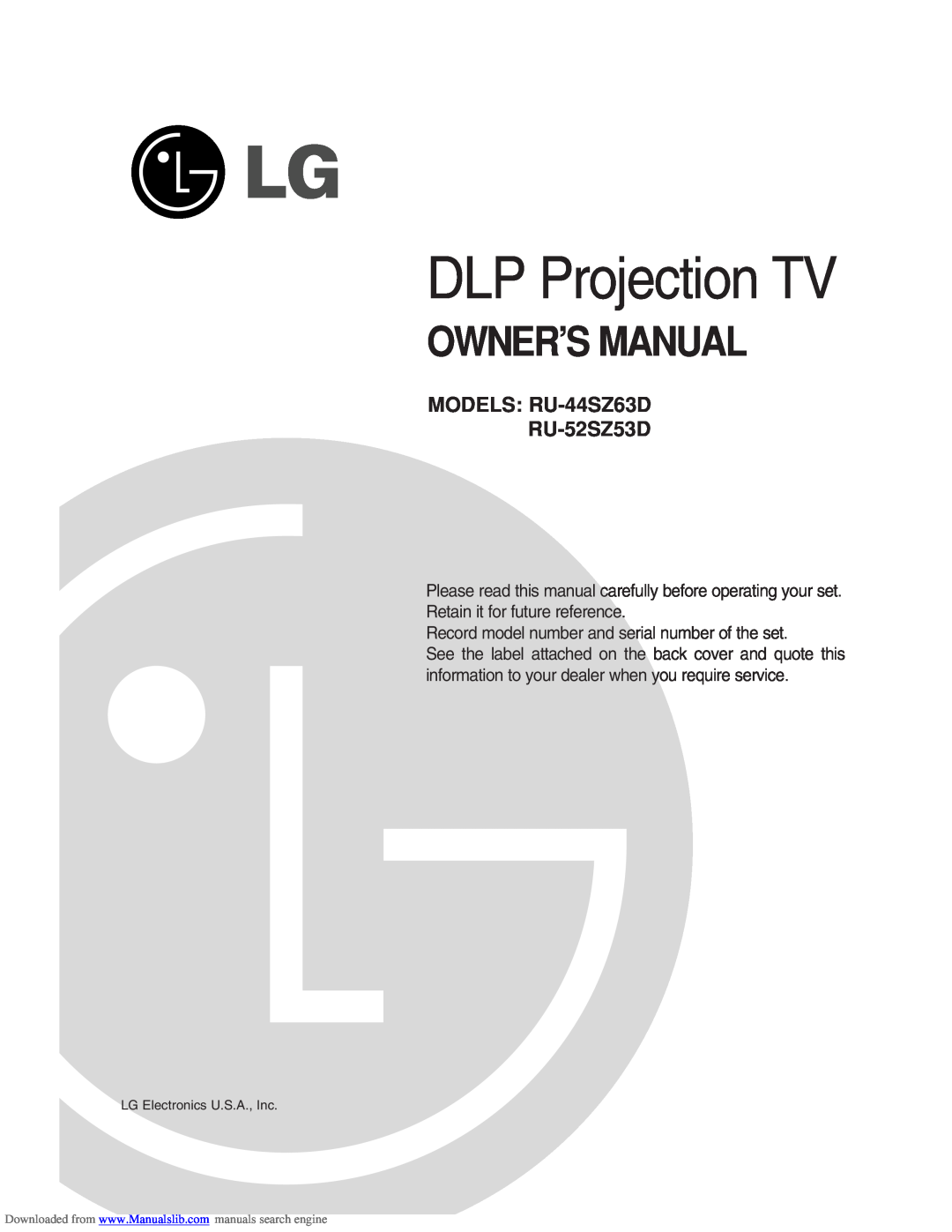 LG Electronics owner manual DLP Projection TV, Owner’S Manual, MODELS RU-44SZ63D RU-52SZ53D 