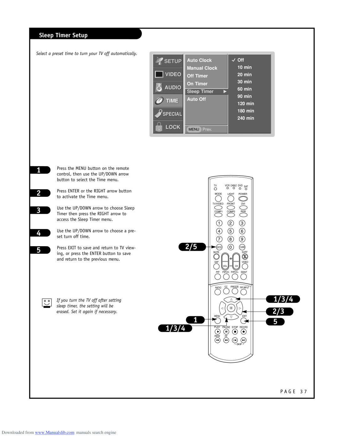 LG Electronics RU-52SZ53D owner manual 1/3/4 2/3, Sleep Timer Setup, Video Audio, Lock, Special, Auto Off, MENU Prev 