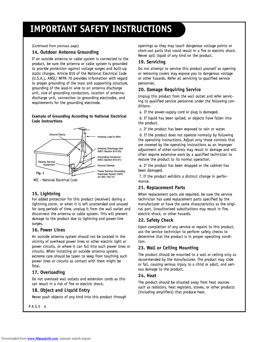 LG Electronics RU-52SZ53D owner manual Important Safety Instructions, Outdoor Antenna Grounding 