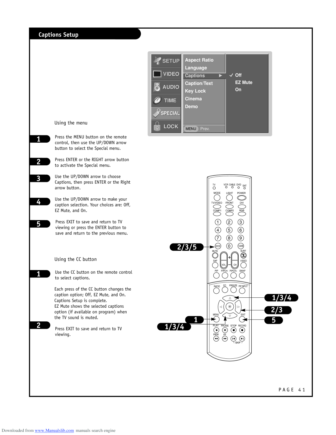 LG Electronics RU-52SZ53D Captions Setup, 2/3/5, 1/3/4 2/3, Video Audio Time, Lock, Special, Aspect Ratio Language 