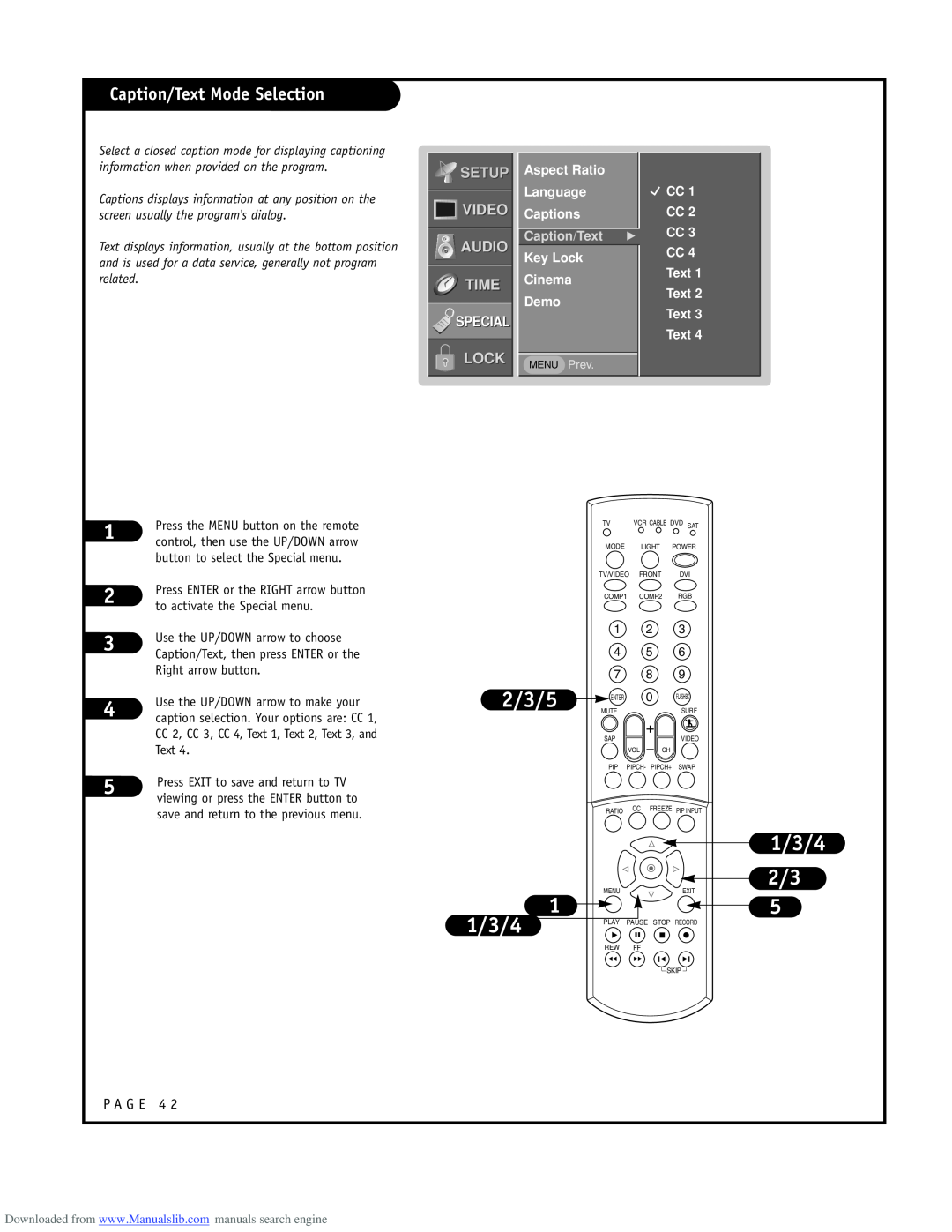 LG Electronics RU-52SZ53D Caption/Text Mode Selection, 1/3/4 2/3, Setup, Video Audio Time, Lock, Special, Caption/Text G 