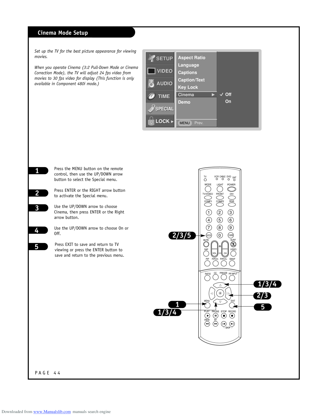 LG Electronics RU-52SZ53D Cinema Mode Setup, 2/3/5, 1/3/4 2/3, Audio Time, Lock G, Video, Special, Cinema G, Demo, Off On 