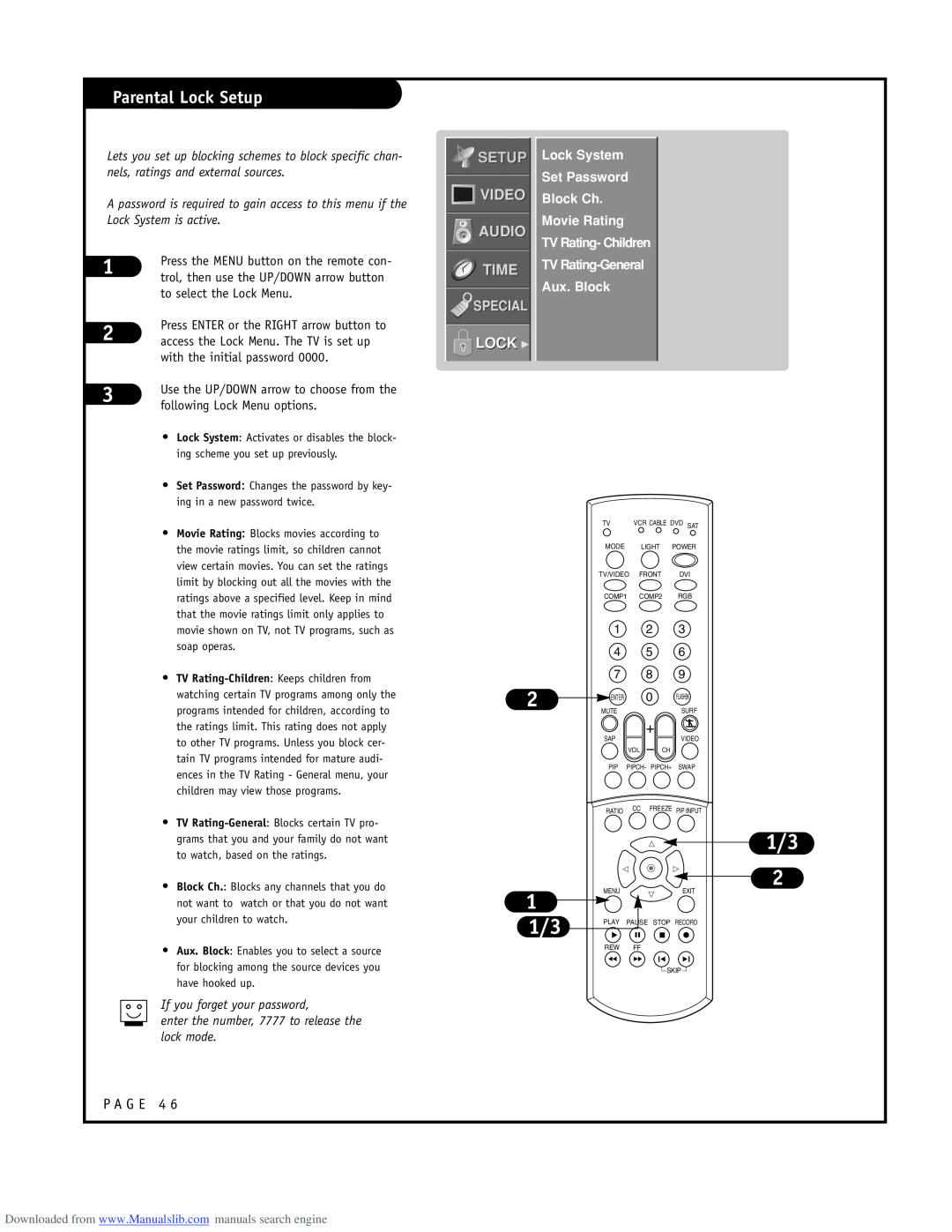 LG Electronics RU-52SZ53D owner manual Parental Lock Setup, Video Audio Time, Lock G, Special, TV Rating-General Aux. Block 