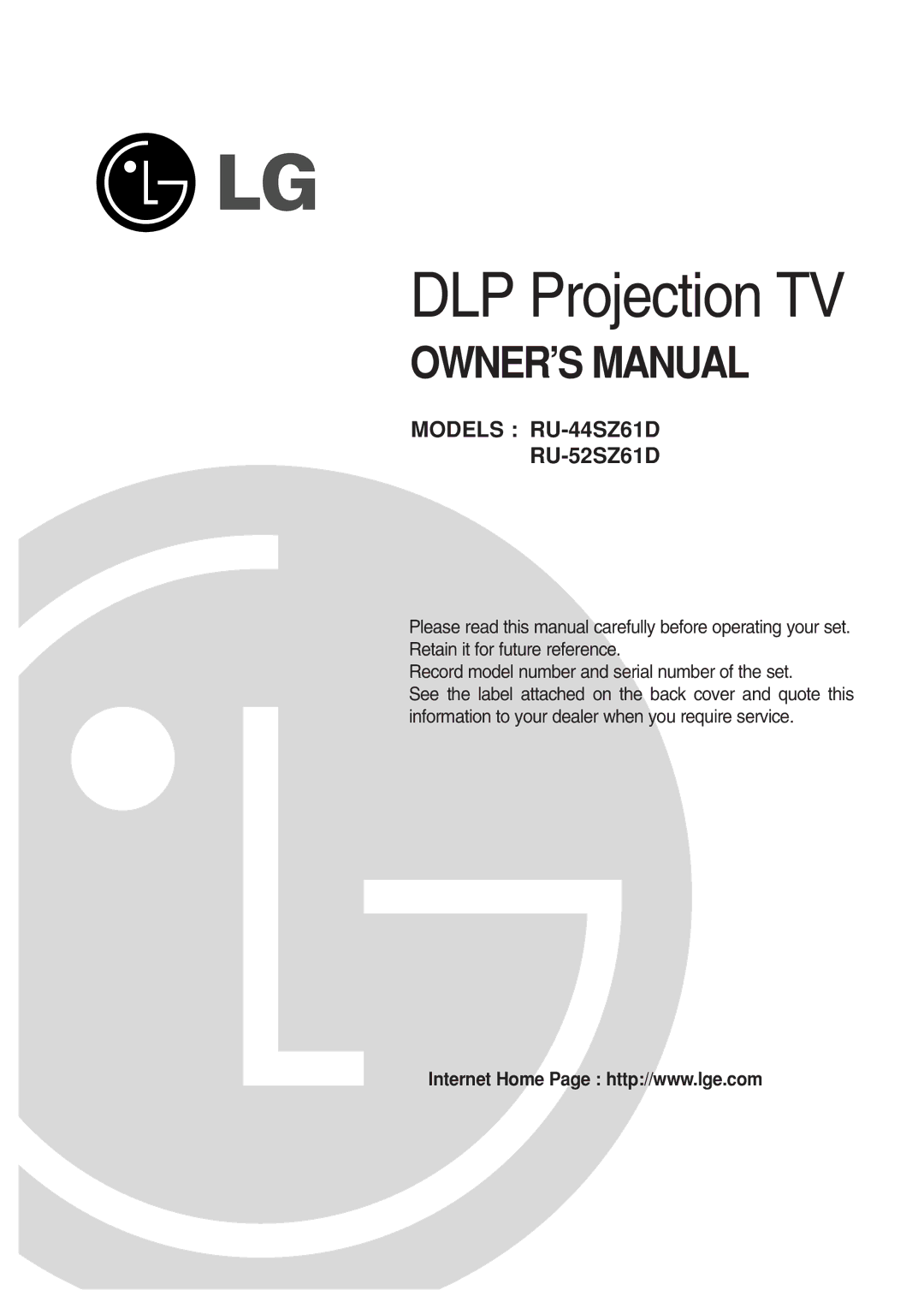 LG Electronics RU-44SZ61D, RU-52SZ61D owner manual DLP Projection TV 