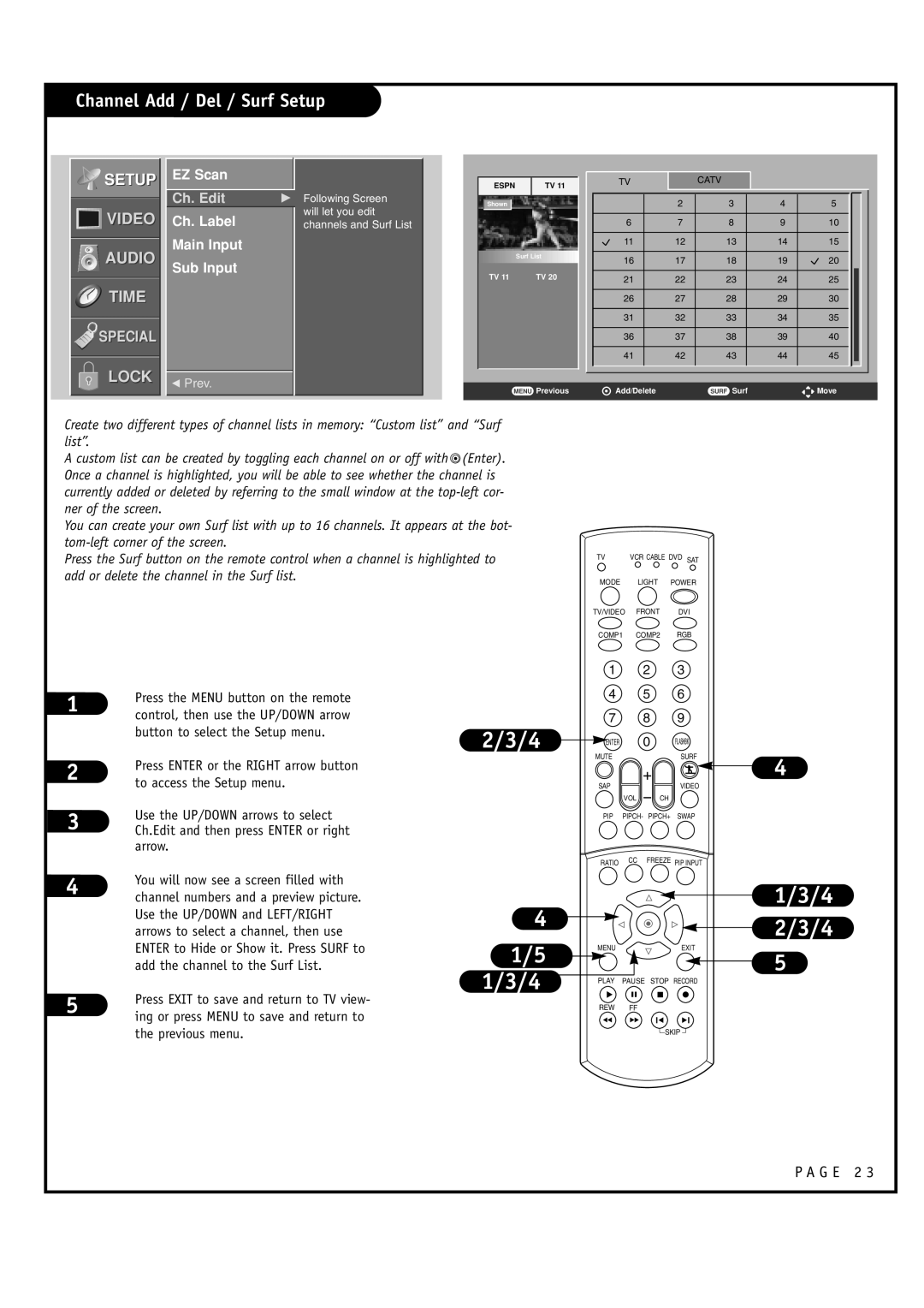 LG Electronics RU-44SZ61D, RU-52SZ61D owner manual Channel Add / Del / Surf Setup, EZ Scan, Ch. Label Main Input Sub Input 