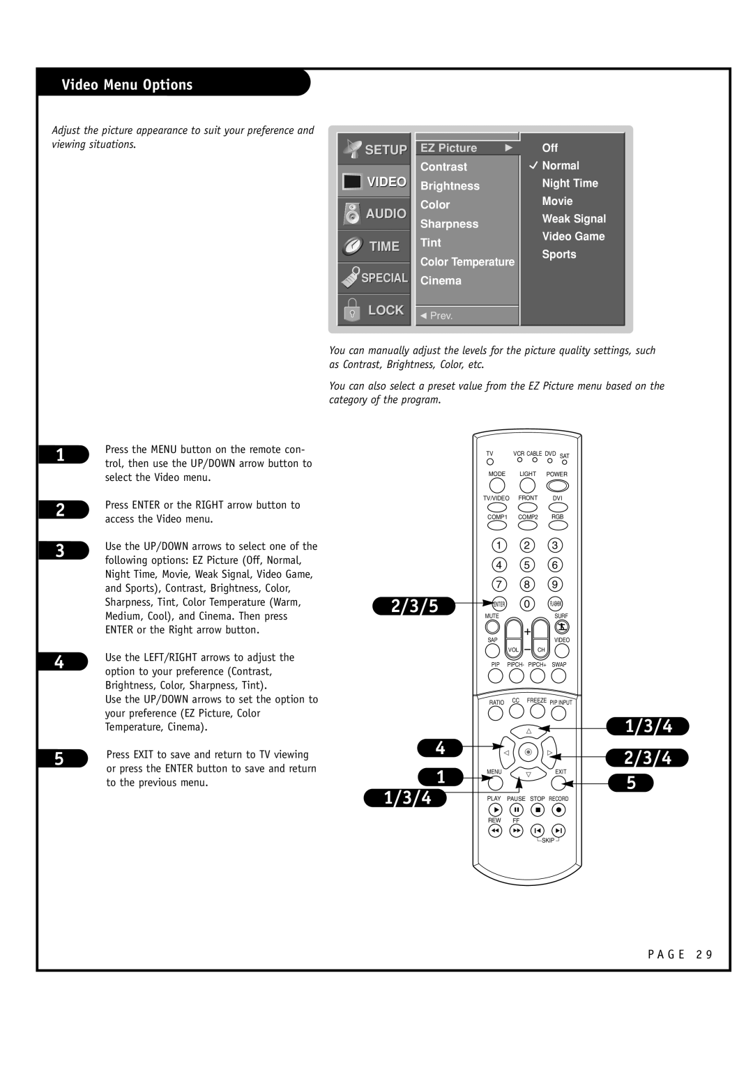 LG Electronics RU-44SZ61D, RU-52SZ61D Video Menu Options, Off Normal Night Time Movie Weak Signal Video Game Sports 