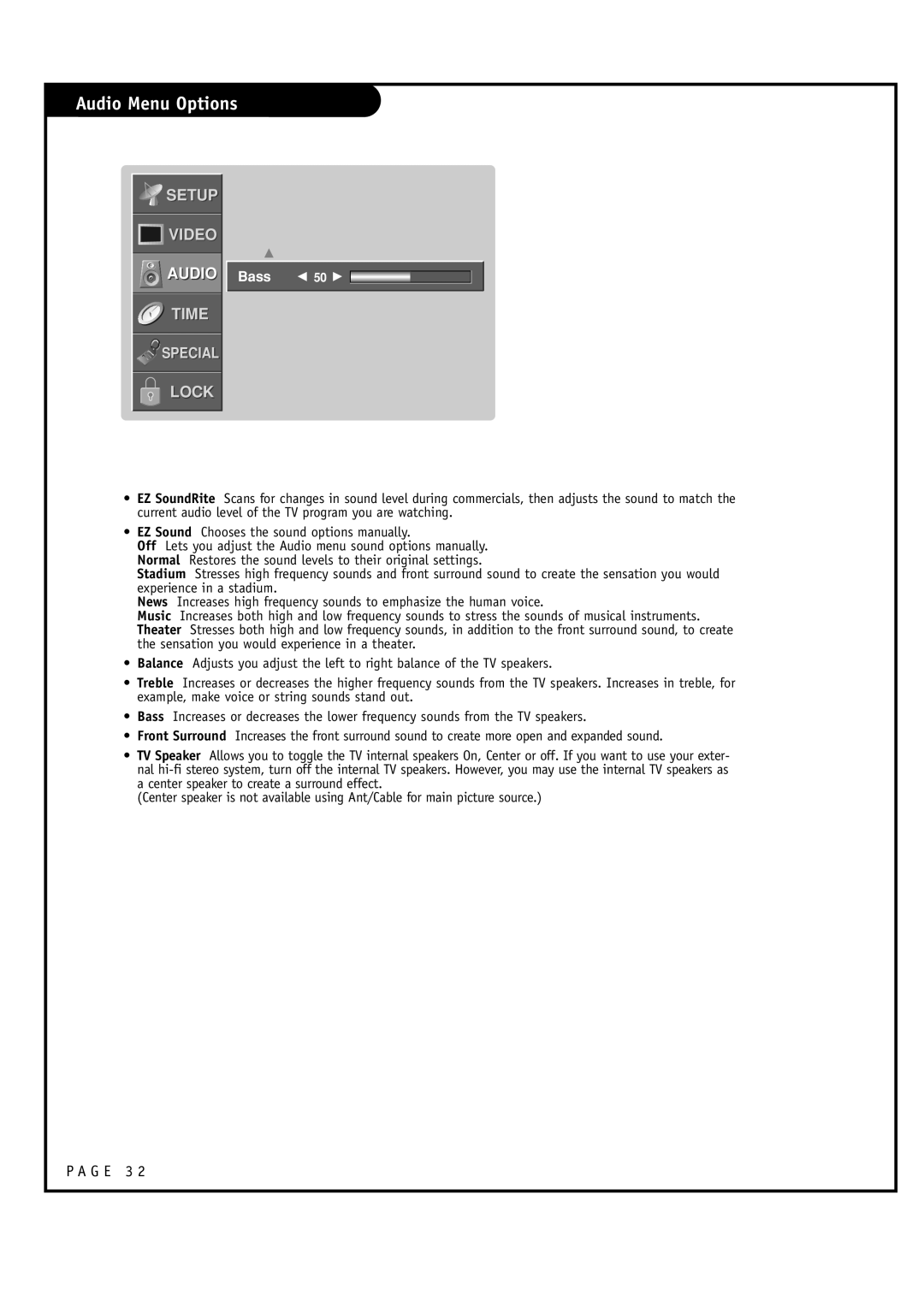 LG Electronics RU-52SZ61D, RU-44SZ61D owner manual Bass F 50 G 