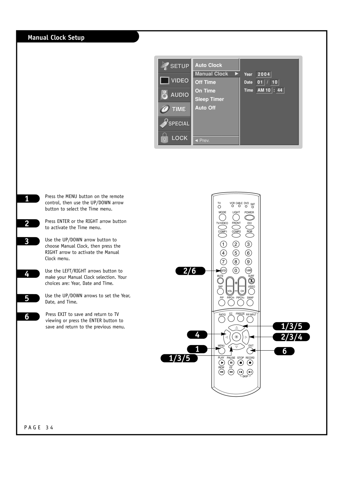 LG Electronics RU-52SZ61D, RU-44SZ61D owner manual Manual Clock Setup, Auto Clock, Off Time On Time Sleep Timer Auto Off 