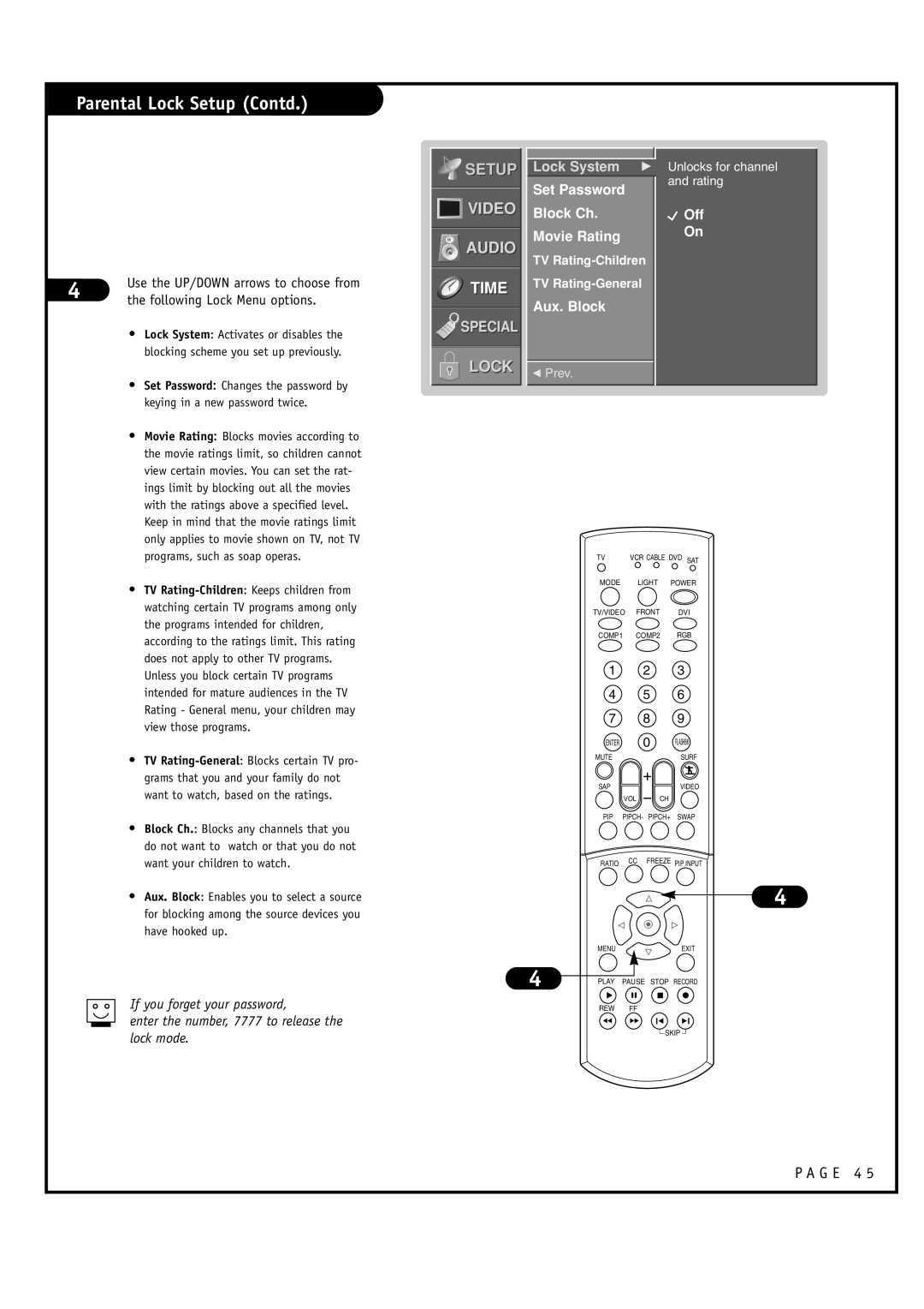 LG Electronics RU-44SZ61D Parental Lock Setup Contd, Following Lock Menu options, Set Password Block Ch Movie Rating 