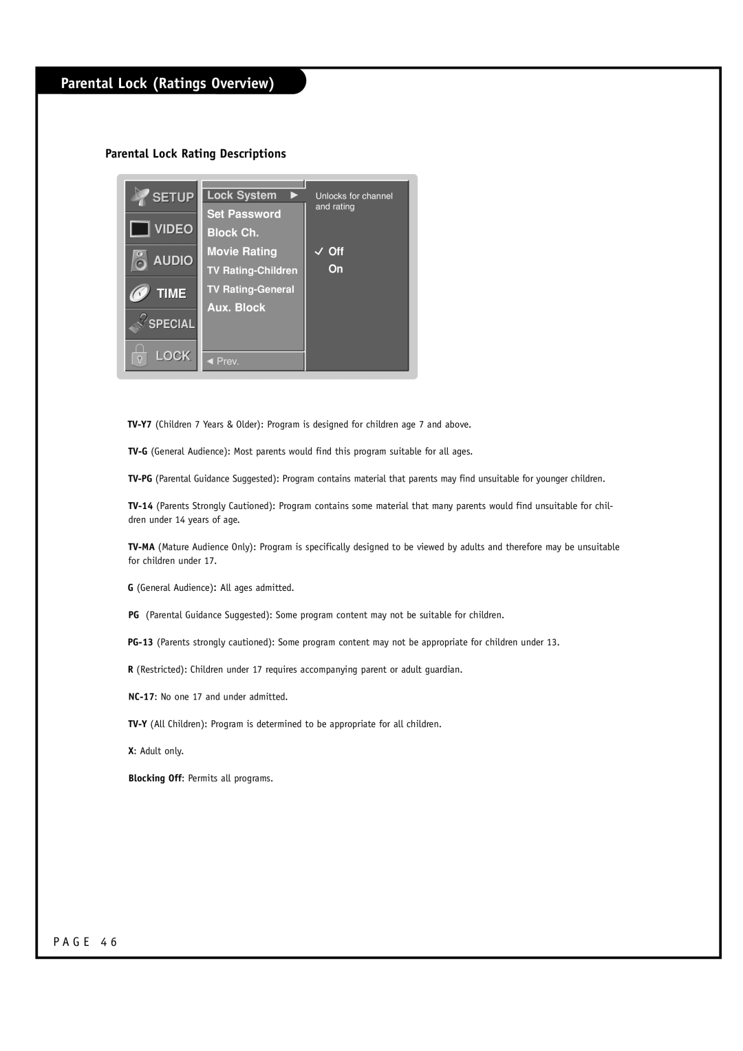 LG Electronics RU-52SZ61D, RU-44SZ61D owner manual Parental Lock Ratings Overview 