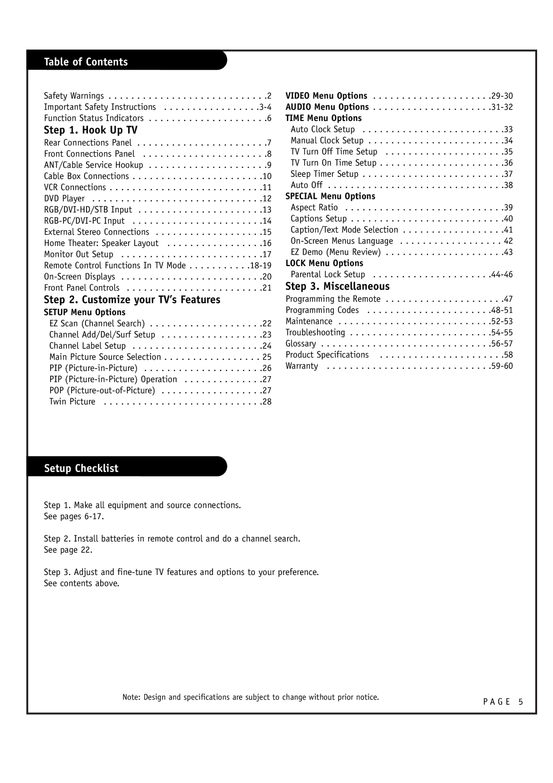 LG Electronics RU-44SZ61D, RU-52SZ61D owner manual Table of Contents, Setup Checklist 