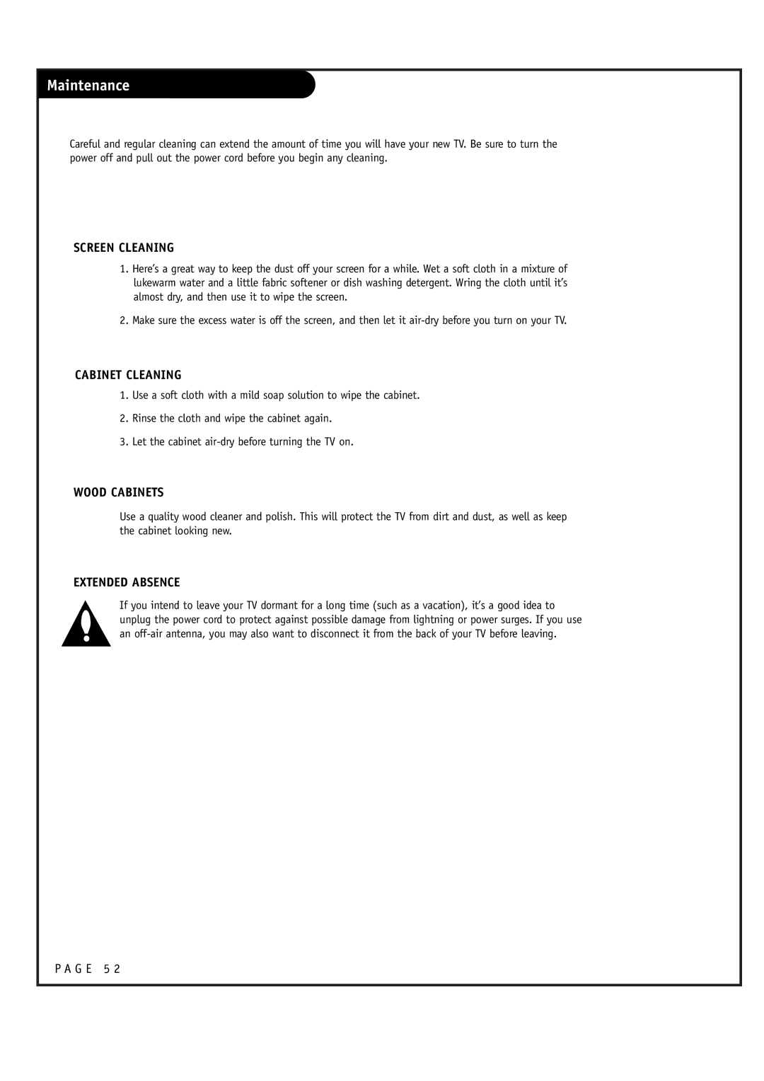 LG Electronics RU-52SZ61D, RU-44SZ61D owner manual Maintenance, Screen Cleaning 