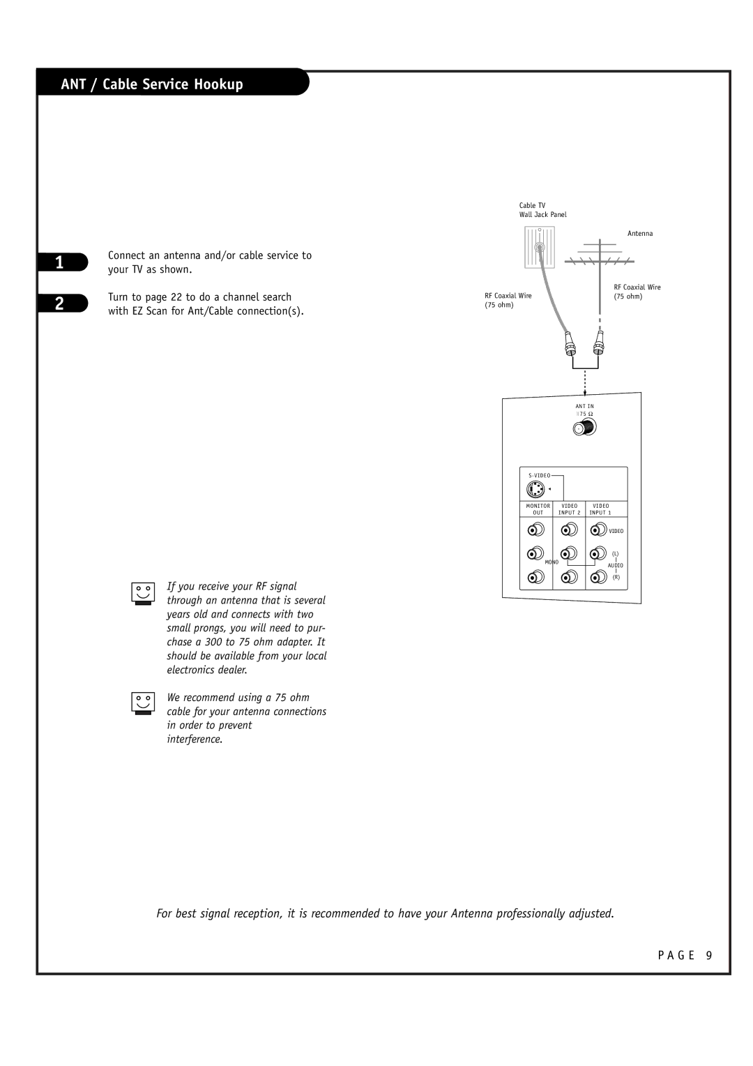 LG Electronics RU-44SZ61D, RU-52SZ61D ANT / Cable Service Hookup, Your TV as shown, Turn to page 22 to do a channel search 