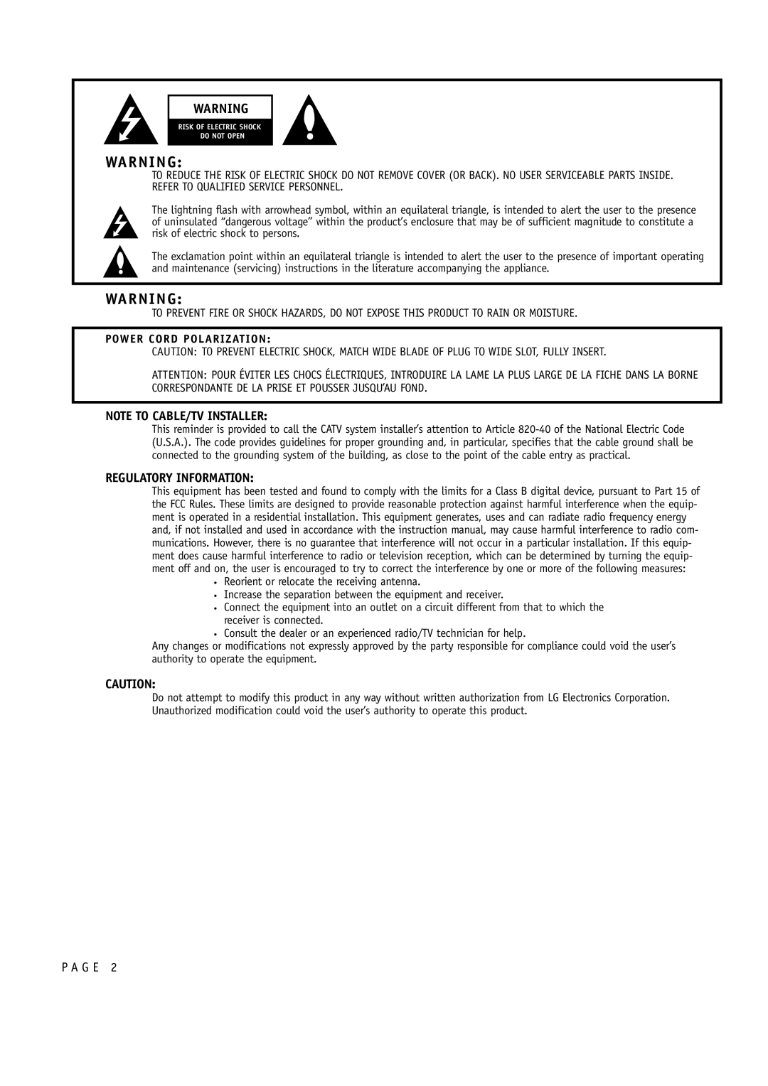 LG Electronics RU-60SZ30, RU-52SZ30 owner manual Regulatory Information, Power Cord Polarization 