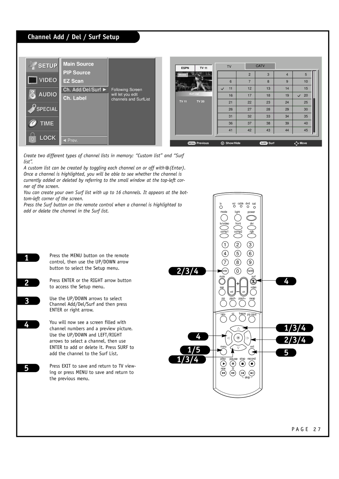 LG Electronics RU-52SZ30, RU-60SZ30 owner manual Channel Add / Del / Surf Setup, Main Source PIP Source EZ Scan 