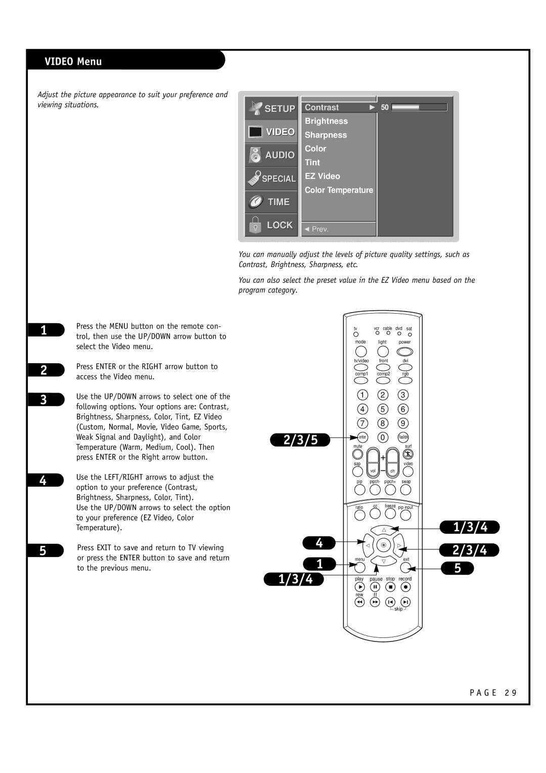 LG Electronics RU-52SZ30, RU-60SZ30 owner manual Video Menu, Brightness Sharpness Color Tint EZ Video Color Temperature 