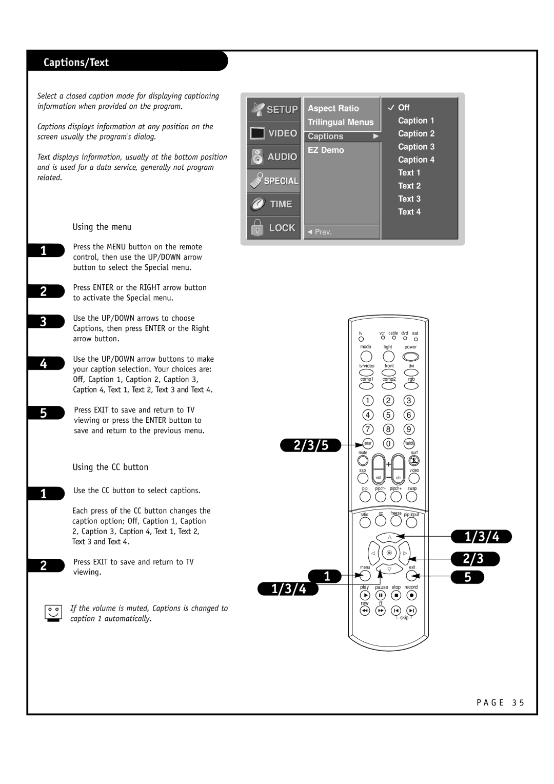 LG Electronics RU-52SZ30, RU-60SZ30 Captions/Text, Aspect Ratio Trilingual Menus, Off Caption Text, Arrow button, Viewing 