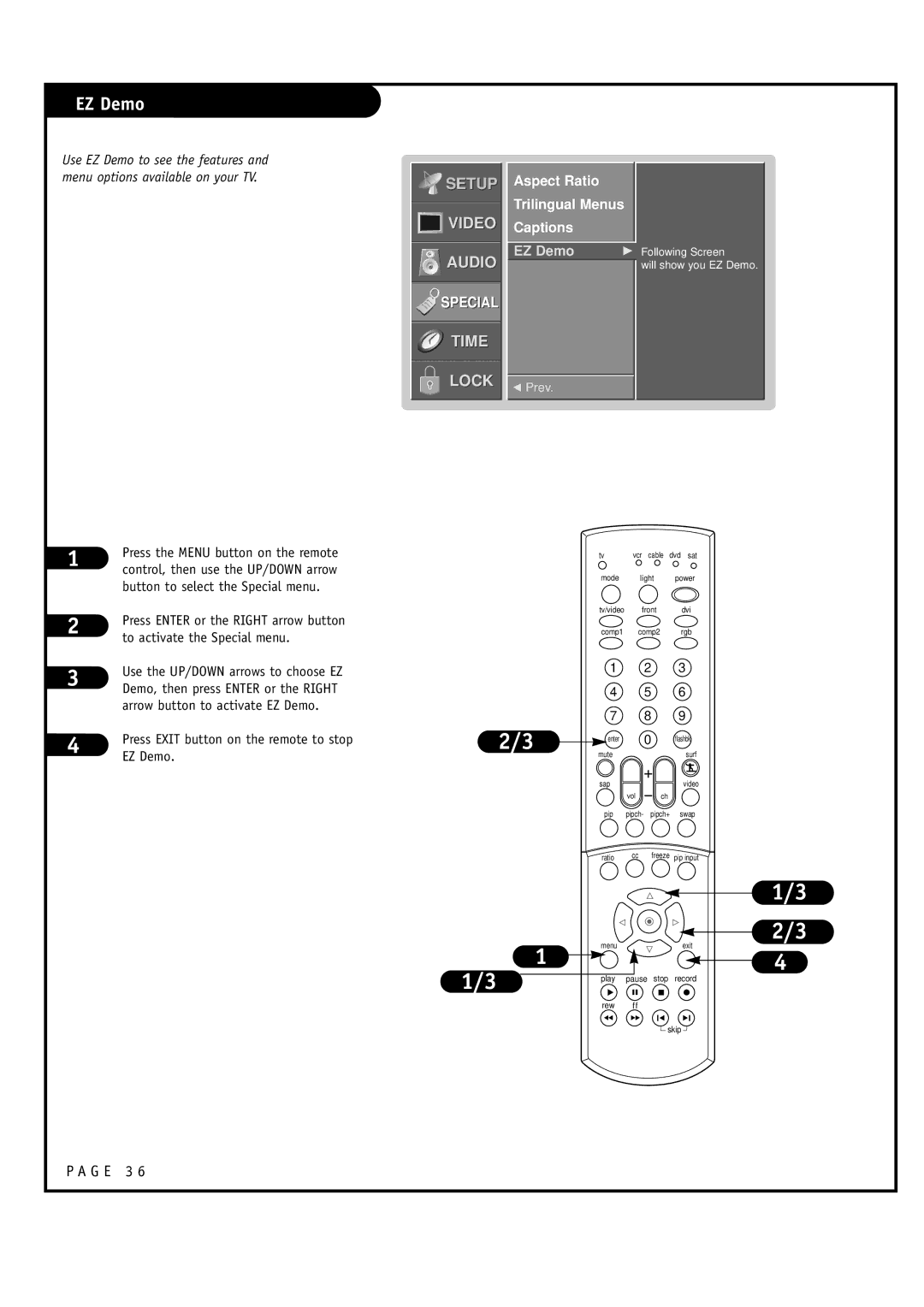 LG Electronics RU-60SZ30, RU-52SZ30 Aspect Ratio Trilingual Menus Captions, Arrow button to activate EZ Demo 