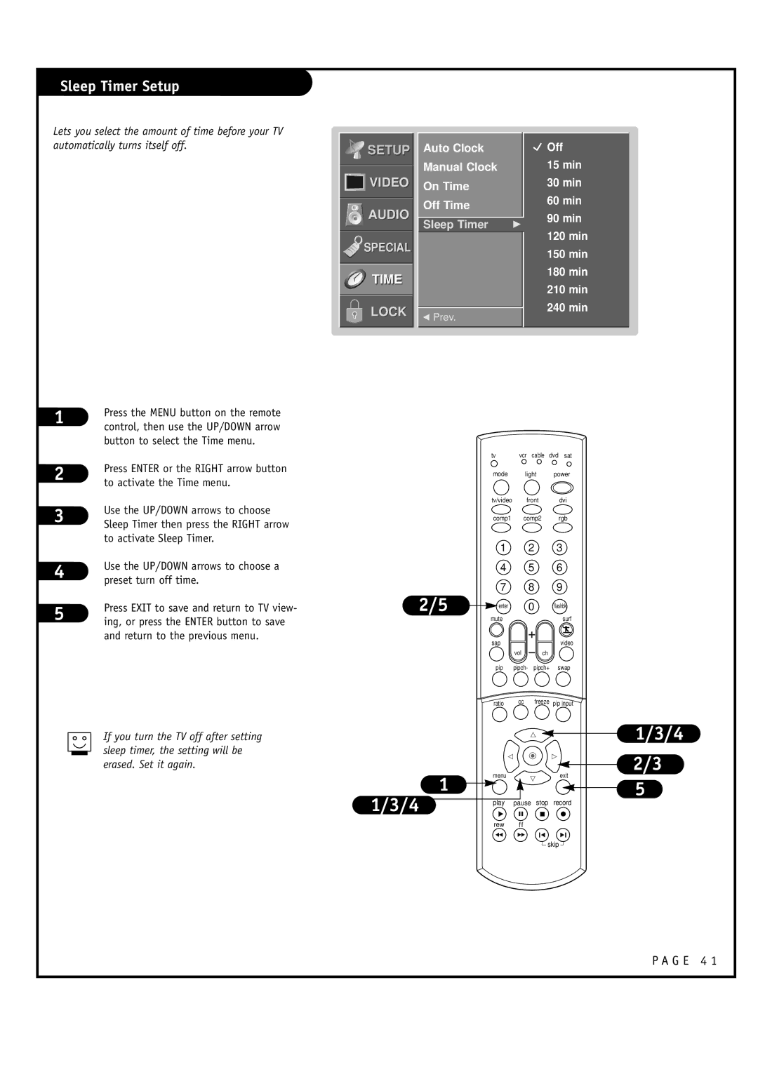 LG Electronics RU-52SZ30 Sleep Timer Setup, Auto Clock Manual Clock On Time Off Time, Use the UP/DOWN arrows to choose 