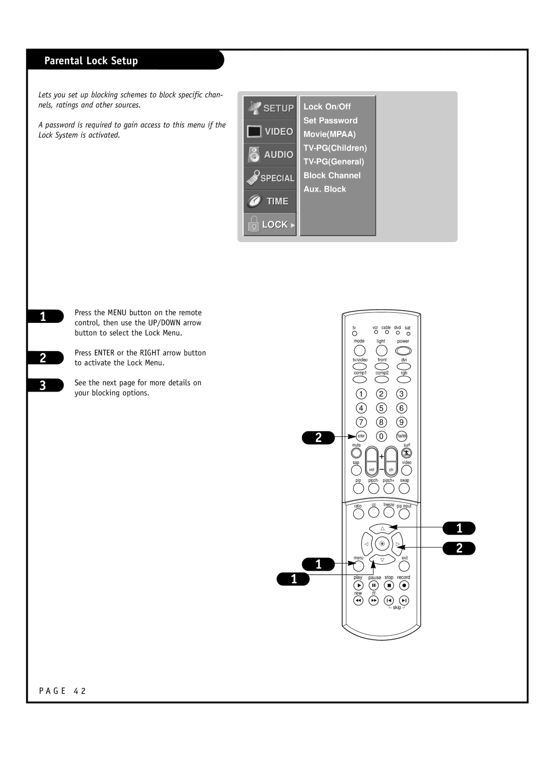 LG Electronics RU-60SZ30, RU-52SZ30 Parental Lock Setup, Button to select the Lock Menu, To activate the Lock Menu 