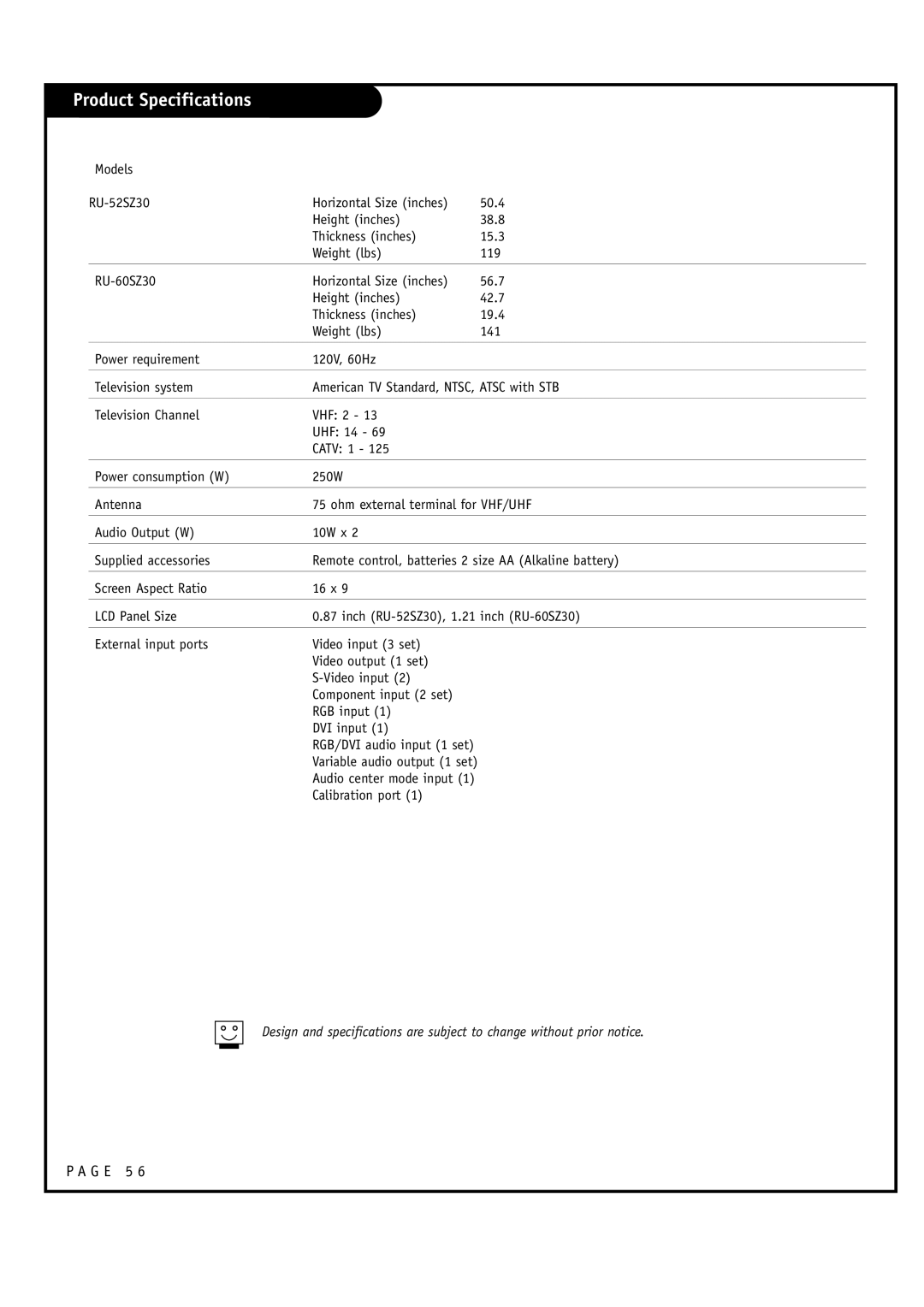 LG Electronics RU-60SZ30, RU-52SZ30 owner manual Product Specifications 