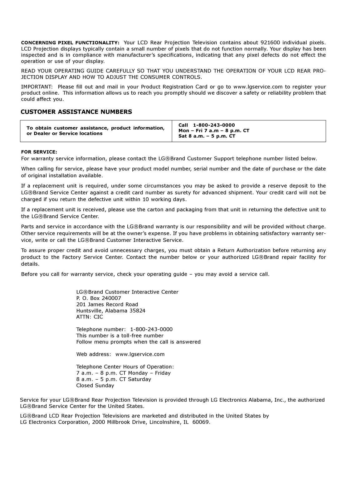 LG Electronics RU-52SZ30, RU-60SZ30 owner manual Customer Assistance Numbers 