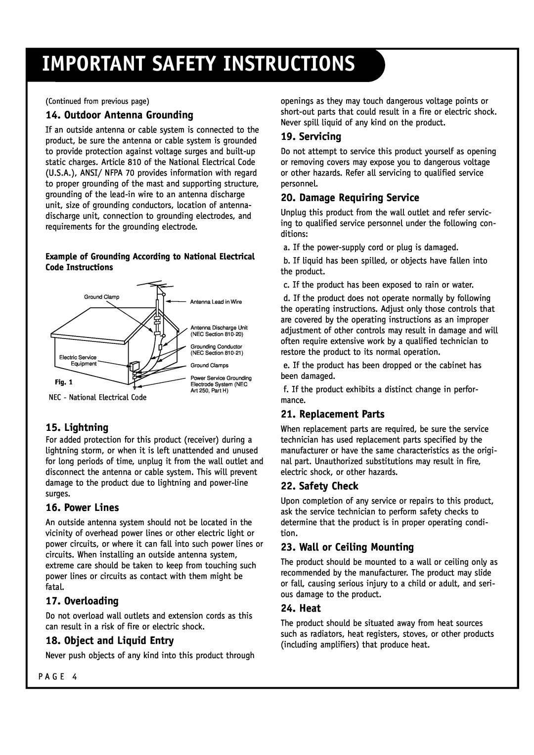 LG Electronics RU-60SZ30, RU-52SZ30 owner manual Important Safety Instructions, Outdoor Antenna Grounding 