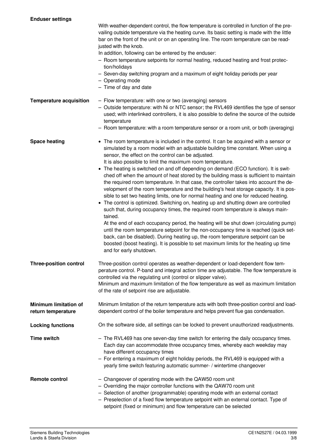 LG Electronics RVL469 manual Enduser settings, Temperature acquisition, Space heating, Three-position control 