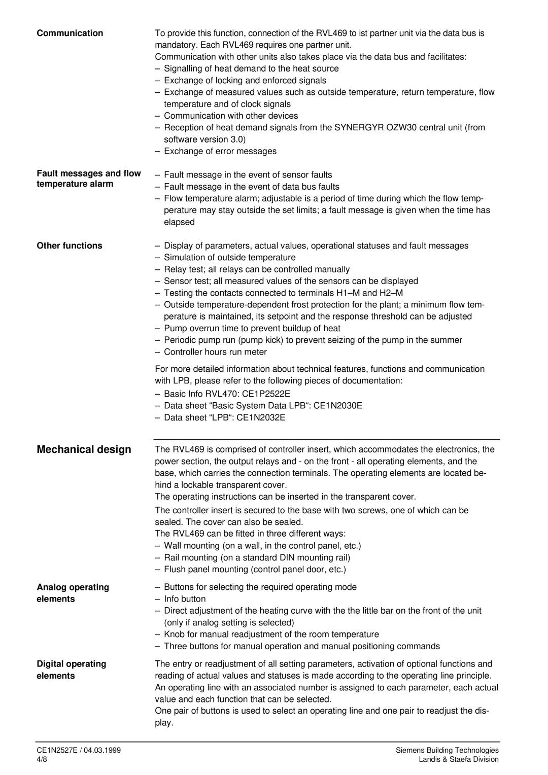 LG Electronics RVL469 manual Mechanical design, Fault messages and flow temperature alarm, Analog operating, Elements 