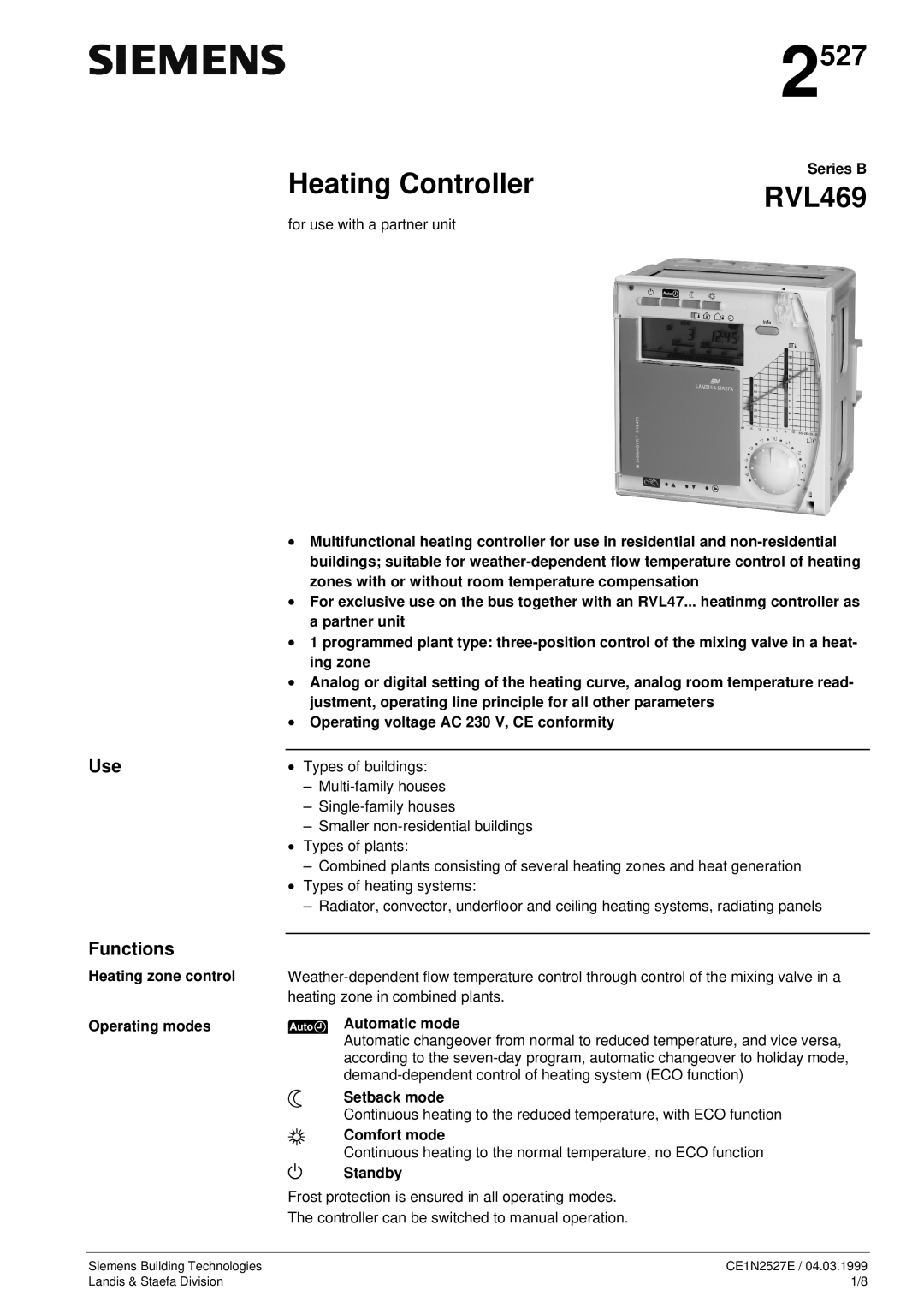 LG Electronics RVL469 manual Use Functions, Series B, for use with a partner unit, Heating zone control Operating modes 