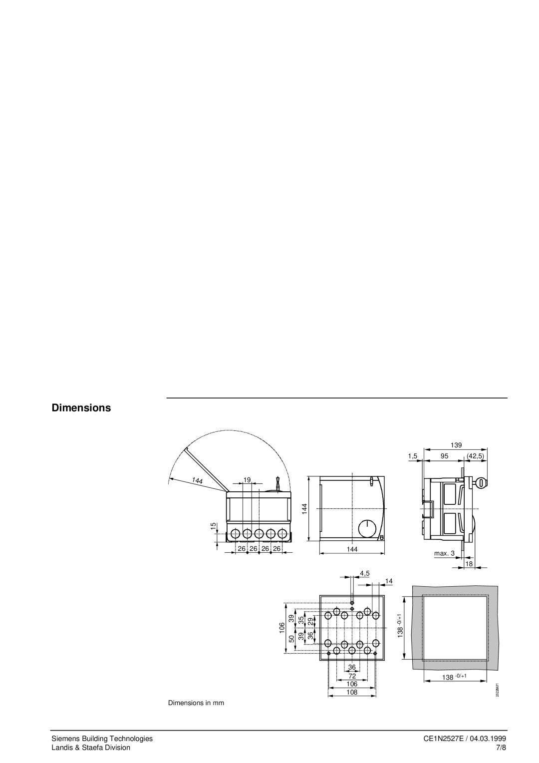 LG Electronics RVL469 manual Dimensions, Siemens Building Technologies, CE1N2527E, Landis & Staefa Division, 138 -0/+1 