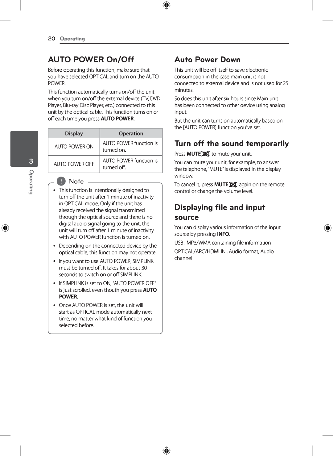 LG Electronics S43A1-D AUTO POWER On/Off, Auto Power Down, Turn off the sound temporarily, 20Operating, Display, Operation 