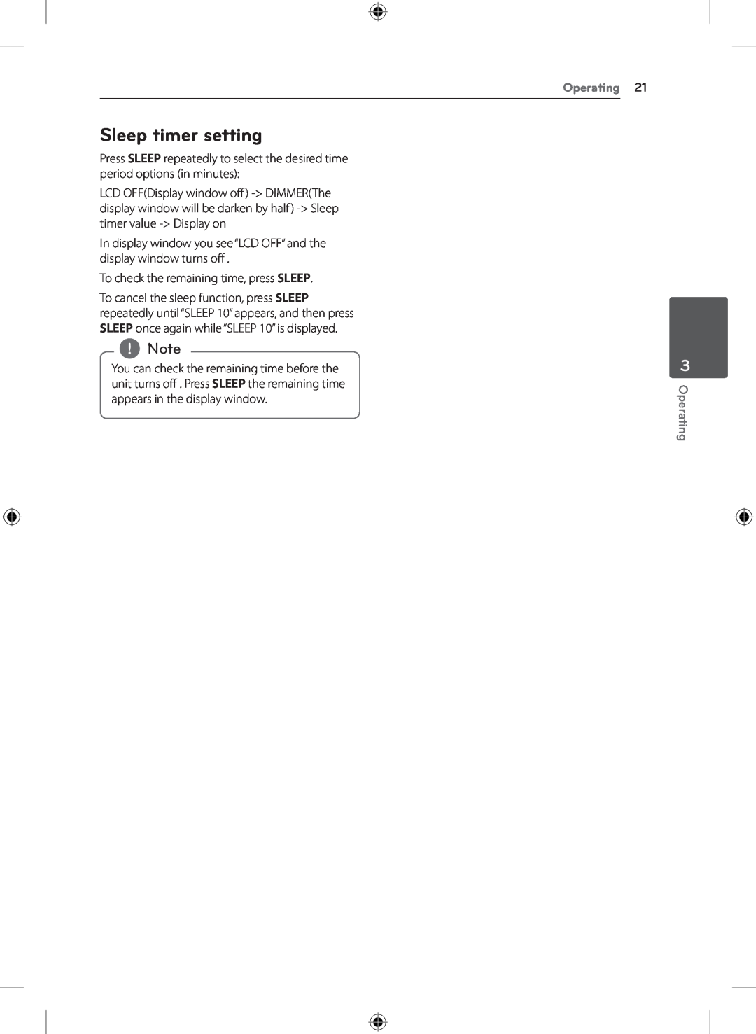 LG Electronics NB4530A, S43A1-D owner manual Sleep timer setting, Operating 