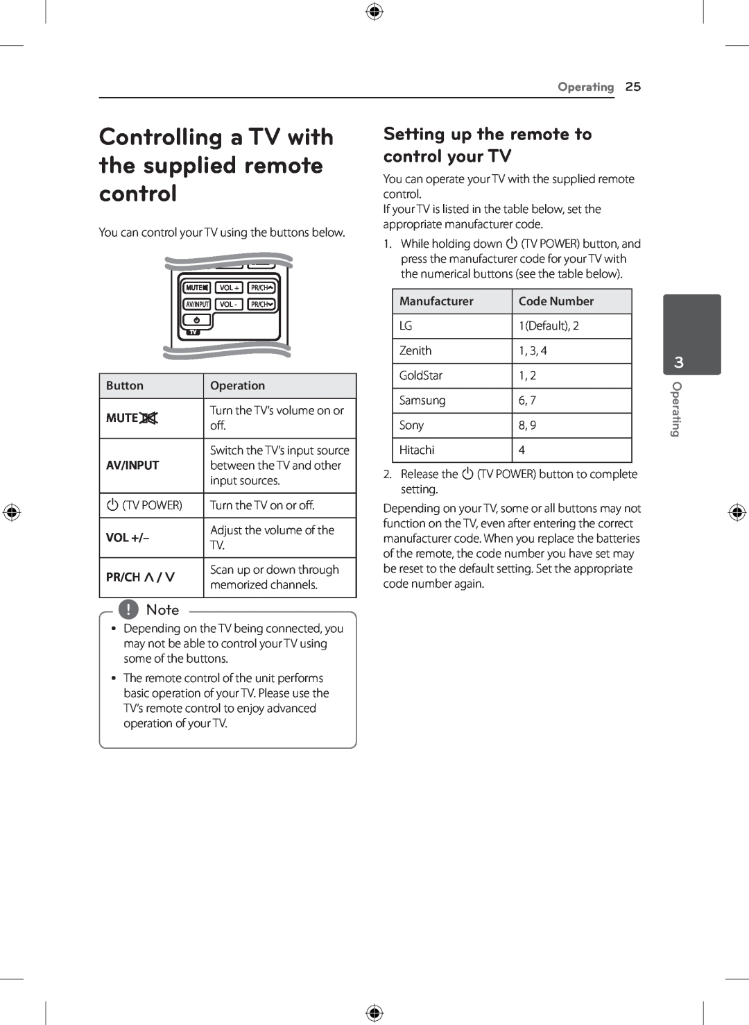 LG Electronics NB4530A Controlling a TV with the supplied remote control, Setting up the remote to control your TV, Button 