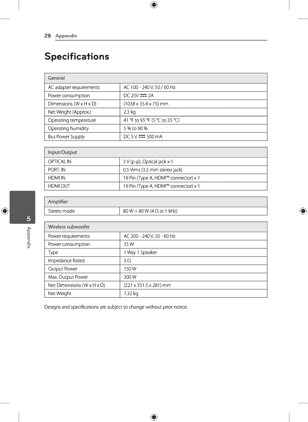 LG Electronics S43A1-D, NB4530A owner manual Specifications, Appendix 