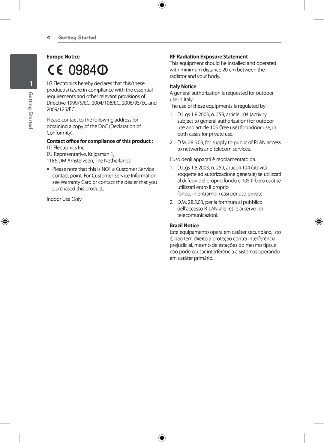 LG Electronics S43A1-D Europe Notice, RF Radiation Exposure Statement, Italy Notice, Brazil Notice, Getting Started 