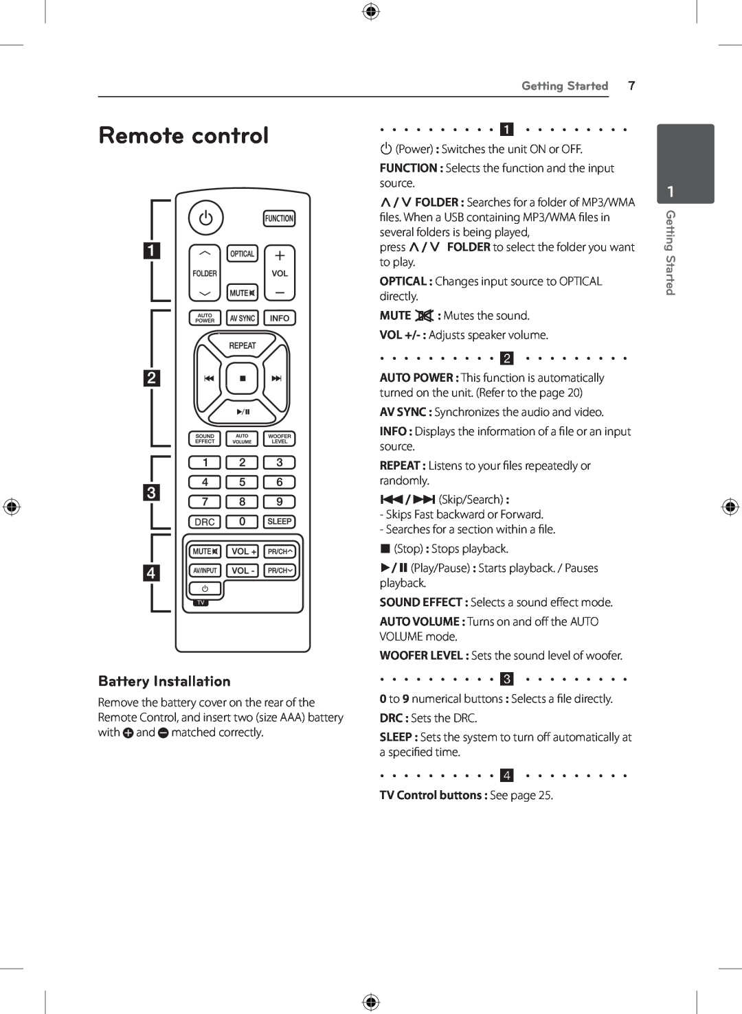LG Electronics NB4530A, S43A1-D owner manual Remote control, Battery Installation, TV Control buttons See page 