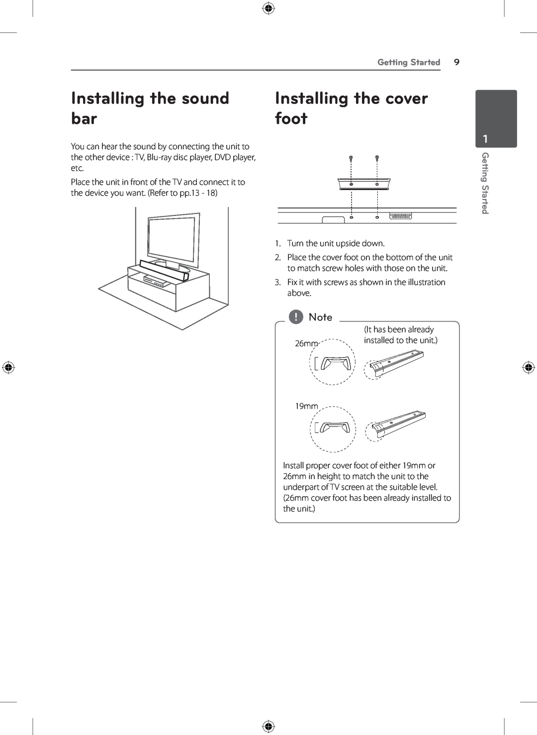 LG Electronics NB4530A, S43A1-D owner manual Installing the sound, Installing the cover, foot, Getting Started 