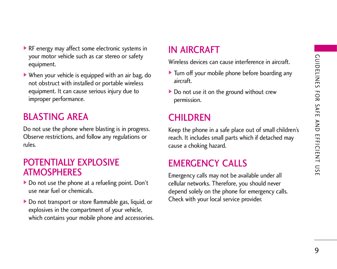 LG Electronics S5200 manual Aircraft, Blasting Area, Children, Potentially Explosive Atmospheres, Emergency Calls 